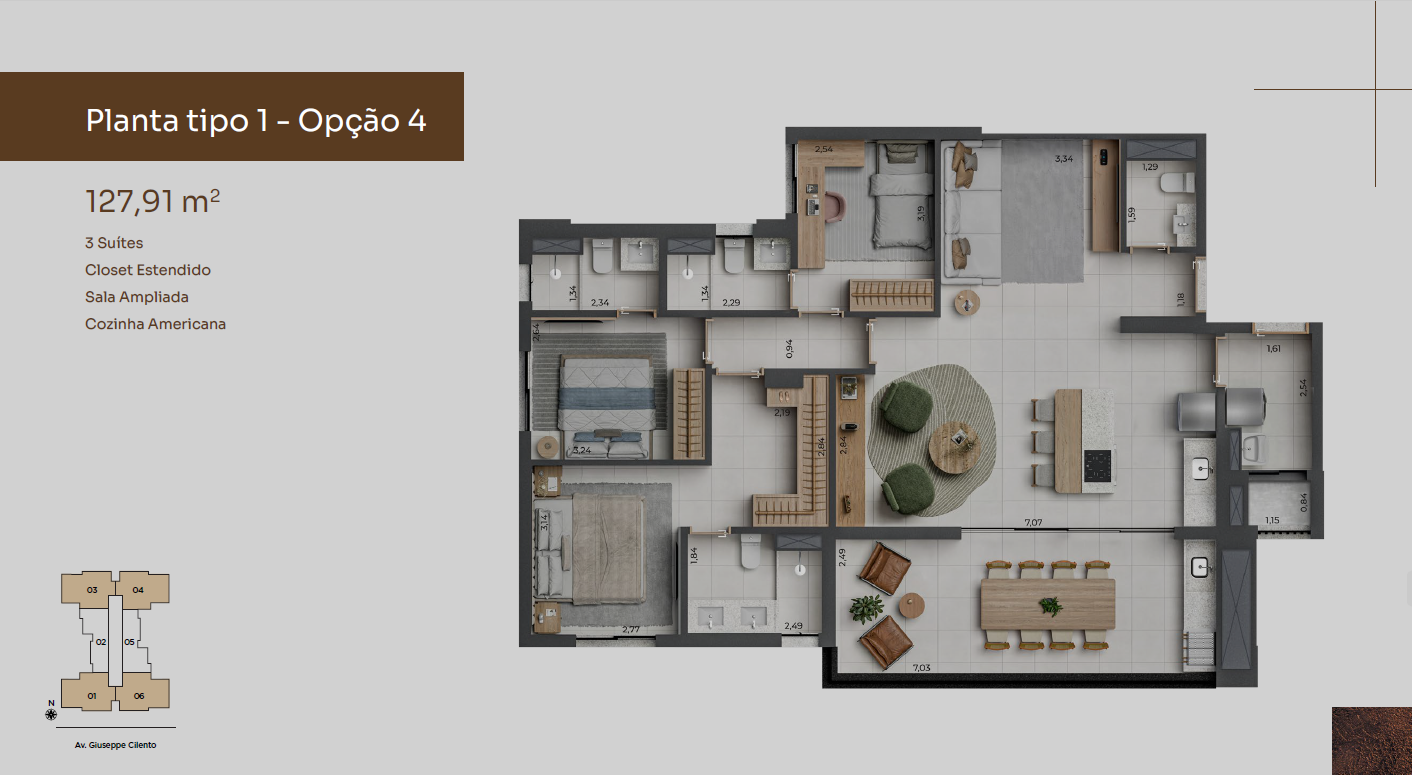 Planta tipo 1 – Opção 4, apartamento de 127,91 m² com 3 suítes